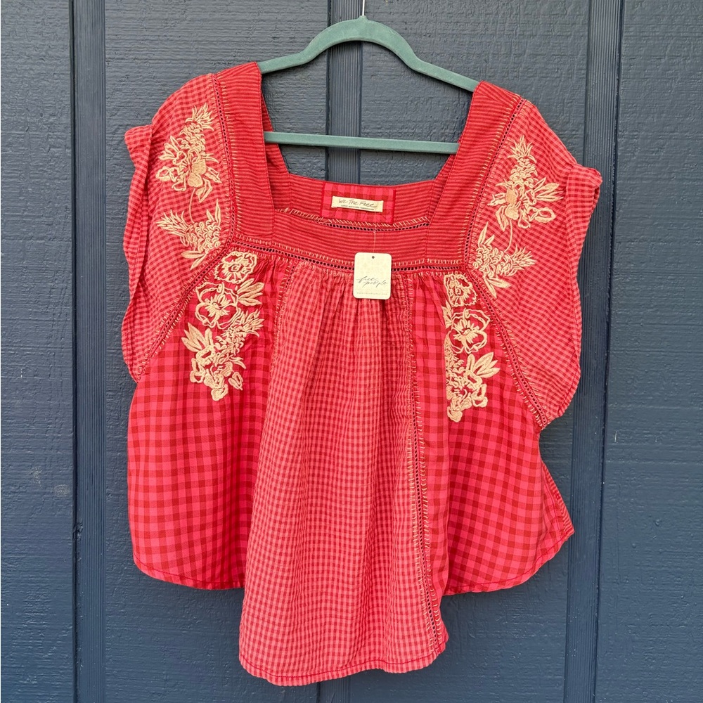 We The Free People Red & Cream Embroidered boho Blouse
